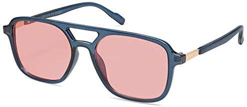 SOJOS Retro Aviator Sunglasses for Women Men,Trendy Rectangle Womens Mens Shades Sun Glasses SJ2202 Blue Frame Light Red Lens