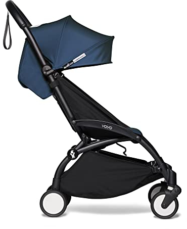 BABYZEN YOYO2 Kinderwagen (Kinderwagengestell Black und 6+ Textile Set Air France Blue) - mit Gurt, Rückenlehne, Verdeckbügel, Schultergurt, Aufbewahrungstasche, Sitzpolster und farbgleichem Verdeck
