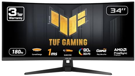 ASUS TUF Gaming 34” Ultra-Wide Curved Monitor (VG34VQ3B) – 21:9 QHD (3440x1440), 180Hz, 1ms, Extreme Low Motion Blur Sync, FreeSync Premium, Speaker, 90% DCI-P3, DisplayWidget Center, 3 yr Warranty