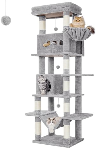 Hzuaneri Cat Tree for Indoor Cats, 210 cm Large Tall Cat Tower, Multi-Level Cats House with Condo, 8 Scratching Posts, Hammock, 4 Pom Poms, Light Grey MS21018LG