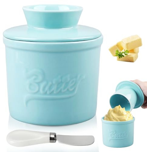 Pot A Beurre Français,Beurrier Eau Avec Couvercle,Beurre Pot En Porcelaine Avec Un Couteau A Beurre,Beurre En Céramique Pot,Beurrier Avec Refroidissement Pour Réfrigérateur,Beurre Mou(Bleu)