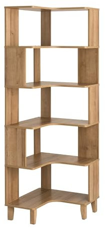 Prepac Nordik 6-Tier Natural Oak Modern Mid Century Corner Bookcase, 71.5 Extra Tall Corner Shelf with Storage, Multifunctional Freestanding Bookshelf for Home Office, Living Room, Bedroom