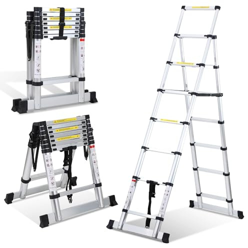 Cecaylie Scala telescopica pieghevole, 2 m + 2,3 m, in alluminio, telaio ad A, 6 + 7 pioli, scala in alluminio antiscivolo, portata massima 150 kg