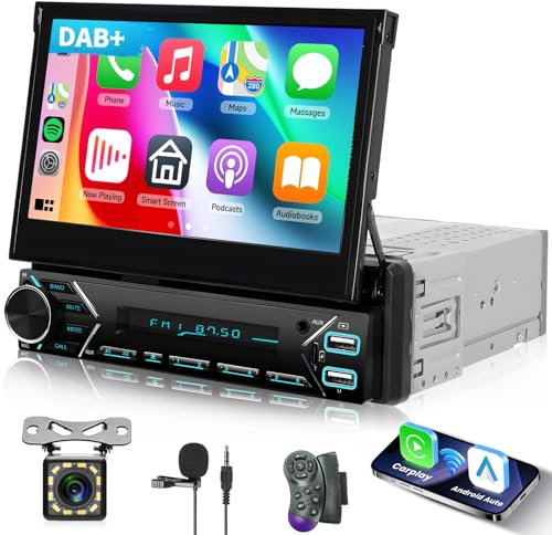 Hodozzy DAB+ Autoradio 1 Din mit Wireless Carplay Android Auto,7 Zoll Automatisch Bildschirm Auto Radio mit Bluetooth MirrorLink,Autoradio MP5 Player EQ FM/RDS Radio SWC AUX/USB/Type-c +Rückfahrkamera