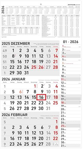 Zettler 3-Monatskalender Kombi 2026 – Wandkalender 33 × 59 cm, 3 Monate pro Blatt mit Datumsschieber, Extra-Streifenkalendarium für Notizen, Monatsübersicht Dez. 2025–Jan. 2027, Ferien DE/AT/CH, FSC