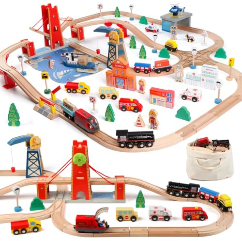 KABENFIS 121PCS Wooden Train Tracks Toys Port City Track Set for Girls and Boys