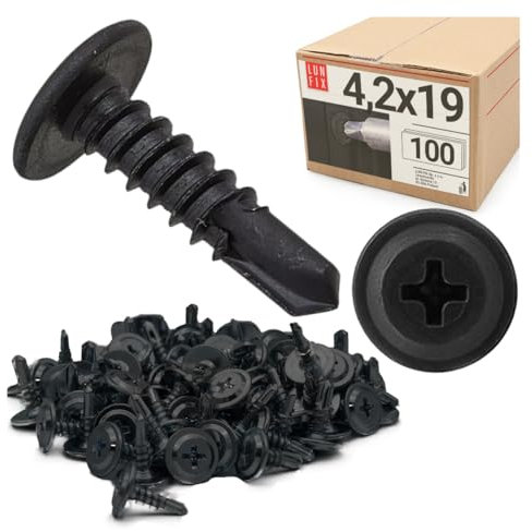 Lot de 100 vis autoforeuses noires 4,2 x 19 mm, en acier fosfaté, avec rondelle PH cruciforme, pour cloison sèche, profilé métallique, placoplâtre, bois