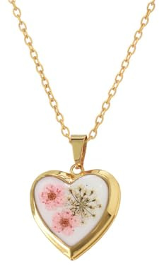 Heart Locket Dried Flower Pendant Necklace Stainless Steel Gold Plated Cute Light Pink Pressed Wildflower Charm Holds Pictures Choker Necklaces Fashion Trendy Jewelry for Her Bff 17.5