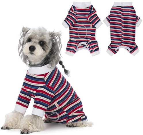 PawSailor Body Perro Post Cirugía Hembra Macho Traje de Recuperación para Perros Manga Larga a Rayas Body Post Quirurgico Cachorro Pijama Camiseta Médica Gatos Protección de Heridas, Azul-Rojo XS