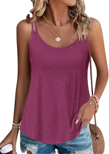 PLOKNRD Top sin Mangas para Damas Temporada de Verano con Tirantes Delgados Escote Redondo y Estilo de Camisa(Rosa Magenta,M)