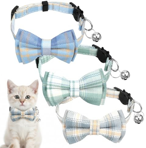 3pcs Bow Tie Cat Collar with Bells, Breakaway Bowtie Plaid Cat Collar, Soft Adjustable Bow Cats Collars for Kitten Puppy and Small Pets