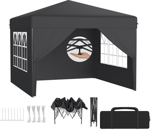 XMTECH Fällbar paviljong 3 x 3 m trädgårdspaviljong – 3-vägs justerbar höjd 2,4–2,6 m, en knapp-installation, paviljong UV-skydd, vattentät, stabil, 210D oxfordtyg – antracit, med 4 sidodelar