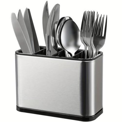 Escurridor de Cubiertos de Acero Inoxidable, Organizador de Cocina con 4 Compartimentos, Portacubiertos Antideslizante para Encimera, Soporte Multifunción para Cuchillos, Tenedores y Cucharas (A)