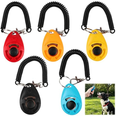 Nexaflow Set di 5 Clicker per cani con cinturino da polso saldato, clicker di addestramento multicolore (rosso, arancione, giallo, blu, nero) con grande bottone, 6 x 4 x 1,7 cm, per cani, gatti