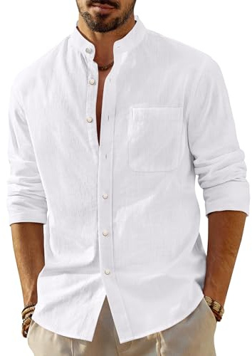 J.VER Mens Shirts Linen Cotton Long Sleeve Grandad Collar Summer Casual White Shirt Men Beach Holiday M
