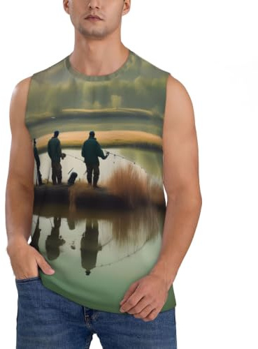 JBJGKHLP Fiske sjö fiskare tryck ärmlös t-shirt män atletisk tank top t-shirt lätt vardaglig helg utomhus, Svart, L