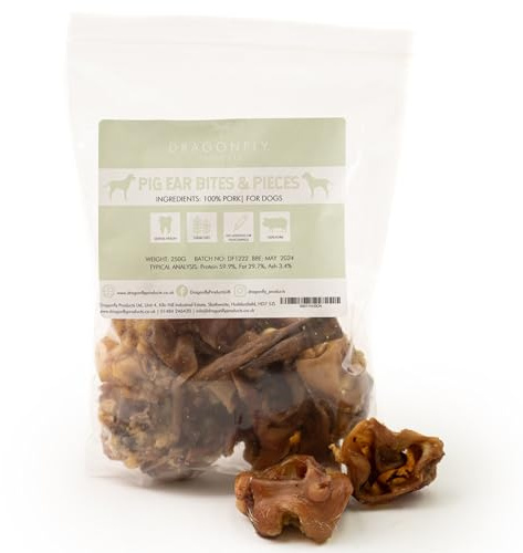 Dragonfly Products Inner Pigs Ear Bites for Dogs | 500g (16-24 Pieces) | Natural, Healthy Grain Free Pork Chew | Small Hypoallergenic Pure Meat Crunchy Treats