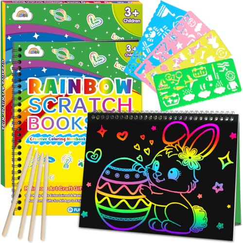 ZMLM Scratch Paper Art Craft: 2 Pack Rainbow Scratch Notebooks Crafts for Kids Ages 4-8 Year Old Girl Birthday Gift Games for Kids Arts Kits School Party Toys Activity