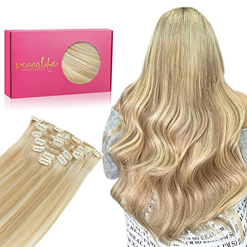 WENNALIFE Clip in Extensions Echthaar, 70g 7pcs 38cm Dreckiges Blond Highlights Bleichblond Echthaar Extensions Clip in Remy Clip in Extensions Natürliche Haarverlängerung Echthaar