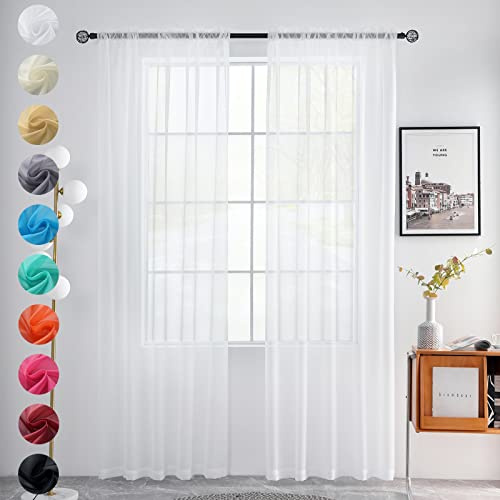 youleyar Solid Sheer Rod Pocket Curtain Voile Draperies 2 Panels White Beige Black Grey Ivory 52 Inch Width 84 Inch Long 1 Pair for Kitchen Bedroom Children Living Room Yard(White,52 Wｘ84 L)