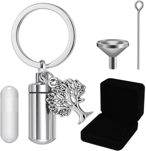 Wangzzniu Mini llavero de urna cilíndrica conmemorativa para cenizas de acero inoxidable, llavero de recuerdo de árbol de la vida, llavero conmemorativo de cremación, joyería de cremación para cenizas