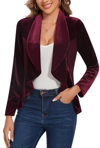LADI TREND Blazer retro vintage de terciopelo para mujer, parte delantera abierta, manga larga, ribete de volantes, sin forro, ajuste regular para oficina, reuniones, reuniones sociales, cócteles