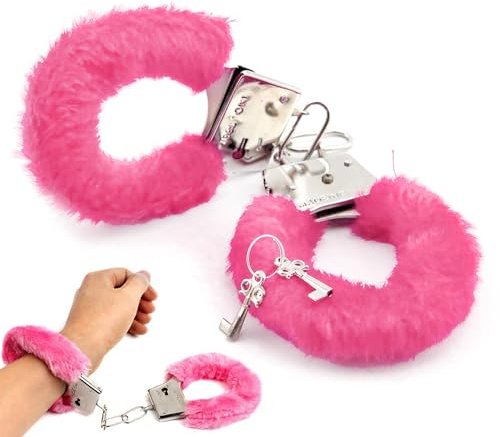 The Fancy Dress Fluffy Fur Handcuffs Adult Women with Keys, Roleplay Accessories for Valentine's Day, Stag Do, Hen Night, Adult Police Cosplay Costume Props for Couples (Pink)