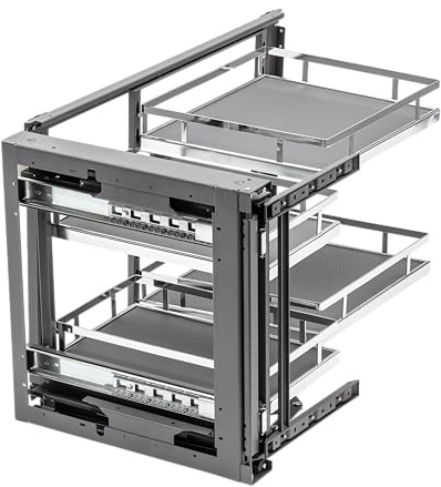 GTV Cargo Eckschrank-Auszug MOVIX PRO – 2 Ebenen, Magic Corner, 450 mm Front, Chrom, Links/rechts montierbar, Soft-Close, rutschfeste Matten, 900 mm Korpus