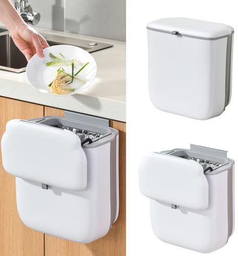 XMSHYODSM Foldable Hanging Trash Bin with Lid, 10L Hanging Trash Can, Rubbish Bin Kitchen Compost Bins Rubbish Compost Caddy Wall Mounted for Under Sink Cupboard Door Cabinet Motorhome(White)