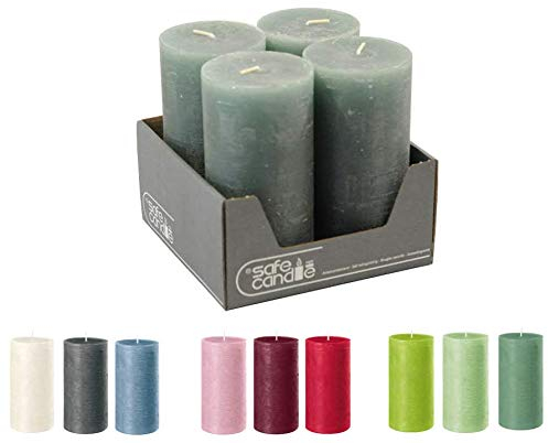 Rustikale Stumpenkerzen – 4 Stück - Wachskerzen/Rustickerzen/Adventskerzen Weihnachten (Smaragd Grün, Groß: Höhe 14cm / Ø 7cm)