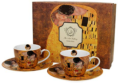 Duo Kollektion Art Gallery by Gustave Klimt THE KISS EIN Satz von 2 Espresso Tassen mit Untertassen aus New Bone China Porzellan im Geschenkbox, Kaffeetasse, Füllmenge 110 ml