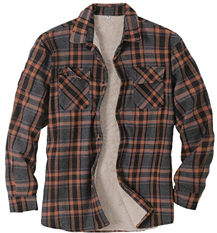 HULKAY Mens Long Sleeve Sherpa Fleece Flannel Shirts Button Down Berber Lined Shackets Warm Camp Shirts Plaid Jackets(Brown,L)