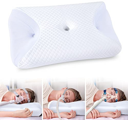 HOMCA Cuscino CPAP, Cuscino Cervicale Ergonomico in Memory Foam per Tutte le Maschere CPAP, Riduce le Perdite D'aria e la Pressione Della Maschera, Bianco, 65x40x9/11cm