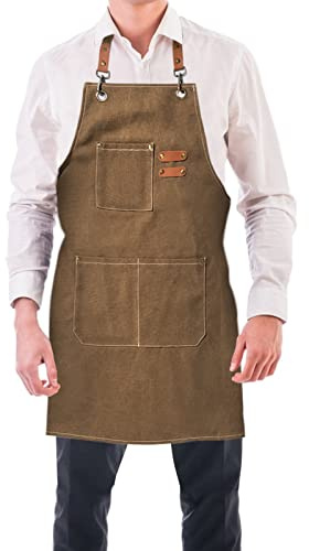 BOOWEN Delantal de Cocina Ajustable Mandiles Lona de Algodón con 3 Bolsillos Grandes Mandil Hombre Resistente al Agua y Antimanchas Delantales para Jardín, Taller, Trabajo (Marrón)