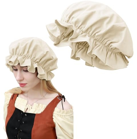 FURPHI Medieval Hat Women Victorian Bonnet for Colonial Cosplay Headwear (Beige)