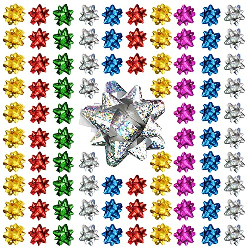 Jonami 100x Lazos de Regalo Pequeños Lazos Decorativos Autoadhesivos - Lazos Listos para Navidad, Cumpleaños y Bodas, Ø 5 cm, Holográfico Multicolor