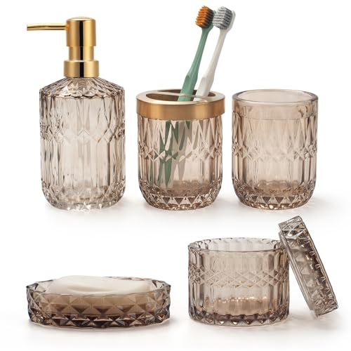 IVAILEX Set di 5 Accessori da Bagno in Vetro Marrone con Dispenser per Iozioni, Portasapone, Portaspazzolino, Bicchiere, Bastoncini di Cotone, Decorazione Moderna per il Bagno, Regalo Vintage