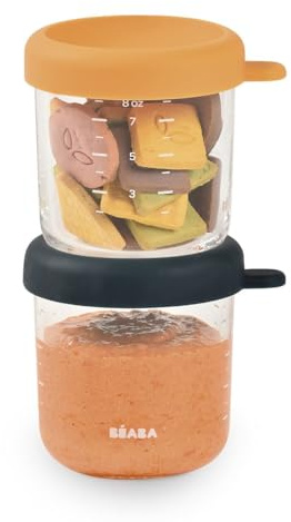 BÉABA, Coffret 2 Portions Verre Conservation Repas Bébé/Verre Extra Résistant, 100pourcent Hermétique, Résiste Chaleur Froid, Congélation, Stérilisation, Graduation, 250 ml, Bleu nuit/Honey