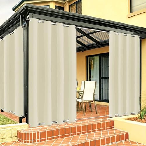 FicaRico Outdoor Vorhang Wetterfest mit Ösen Oben und Unten, Outdoor Vorhänge Sonnenschutz Wasserdicht Blickdicht Gardinen für Pavillon, Benutzerdefinierte Größe -1 Stück, Beige, B213xH245cm