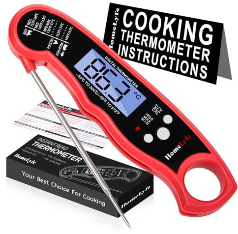 HomeLyfe Digital Meat Thermometer – Instant Read Food Thermometer with ±1°C Accuracy, 2s Response, Foldable Probe, IP67 Waterproof, Backlight, Magnet – for Cooking, BBQ, Oven, Grill, Air Fryer (Red)