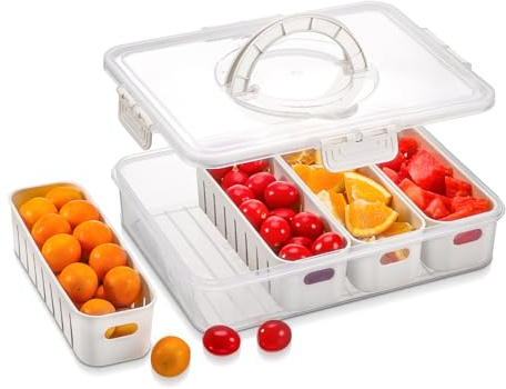 Hejo Fridge Food Storage Containers with Lids,Large-capacity Fridge Fruit Storage Containers,Drainable Fresh Fruit Container with 4 Removable Colanders,Airtight Snackle Box for Snacks,Salads,Vegetable