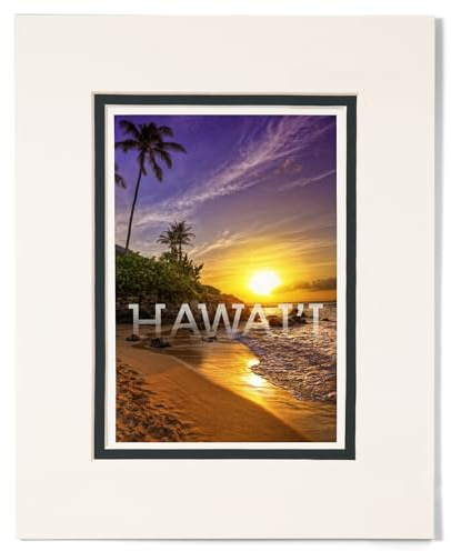 Lantern Press 8x10 Inch Matted Art Print Wall Decor, Hawaii, Sunset and Palm