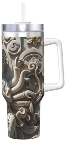 Oriental Marble Stone Print Insulated Ice Cup, 40 OZ with Handle Travel Mug Metal Sports Water Bottle Jug, Large Coffee Mug