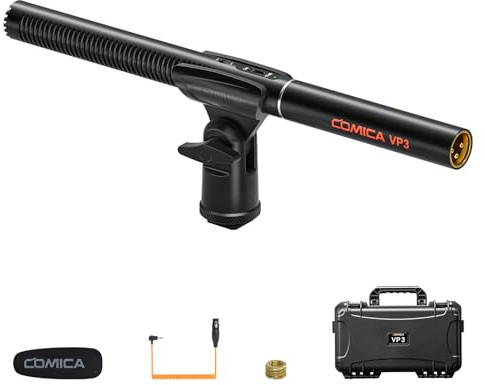 COMICA Microfono VP3 XLR Shotgun, supporto microfono fucile 48 V Phantom, microfono a condensatore super cardioide, compatibile con fotocamere Canon, Nikon, Sony e videocamere per YouTube, interviste