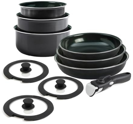 QDESIGN Diamond köksredskap 10 st - kastruller+stekpannor+lock+avtagbart handtag | Alu non-stick förstärkt diamant- all brännare, induktion - kompatibel med tvättmaskin- diamant svart, stapelbar