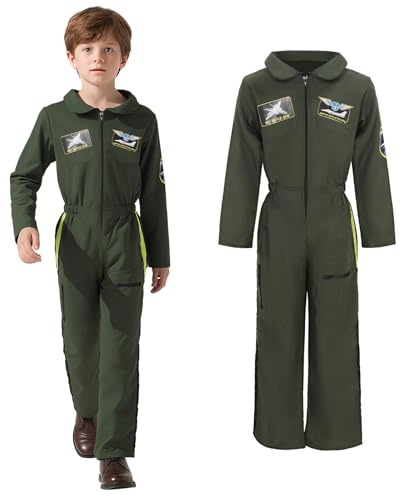 JoyFuncos Costume de pilote de chasse pour enfants – combinaison d'aviateur – Tenue d'Halloween des années 1940 pour garçons et filles – Pour fêtes et costumade (130)