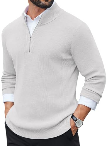 COOFANDY Jersey Hombre de Tejido Fino Cuello Alto Media Cremallera Manga Larga Suéter para Invierno Jersey de Trabajo Blanco M