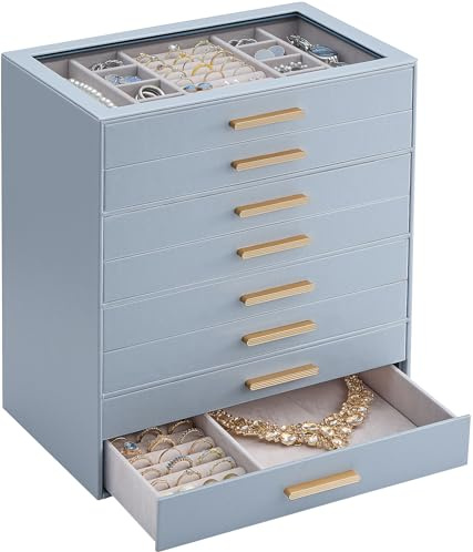 Lolalet Caja Organizadora de Joyas de 8 Niveles con Tapa de Vidrio, Joyero para Anillos Pendientes Pulseras y Collares, Estuche de Almacenamiento para Mujer y Niña, Regalo Elegante – 8 Capas, Azul