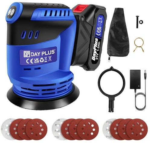 Akku-Exzenterschleifer Schleifmaschine Schleifgerät 3 Leistungsstufe mit 12PCS Schleifpapier Schleifer zum Schleifen Wachsen Polieren von Holz Metall