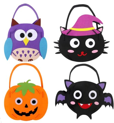Halloween Bags for Sweets, Trick or Treat Bag, DIY Felt Candy Bags with Handles - Pumpkin Bat Owl Black Cat Bag for Halloween Treak or Treat Party